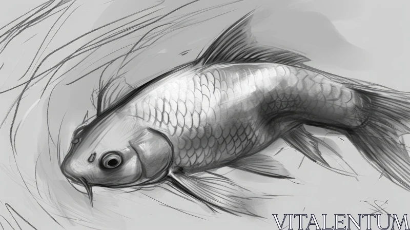 Grayscale Digital Painting of Koi Fish with Aquatic Plants AI Image