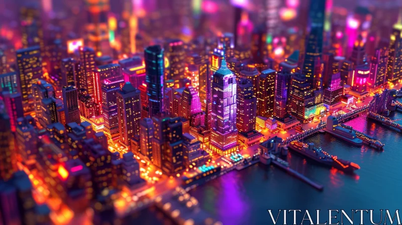 Night Cityscape: Stunning 3D Rendering of Vibrant City at Night AI Image