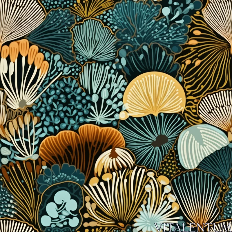 Retro Hand-Painted Floral Pattern in Blue and Orange AI Image