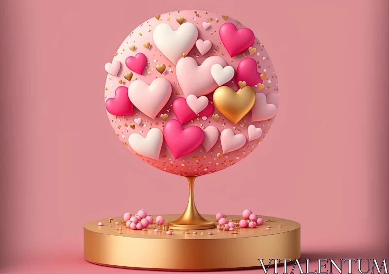 Romantic Pink Globe on Gold Background with Hearts | Miniature Sculpture AI Image