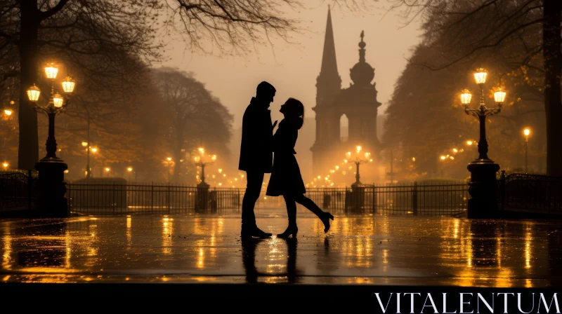 Romantic Silhouette of a Couple in Rainy Street AI Image