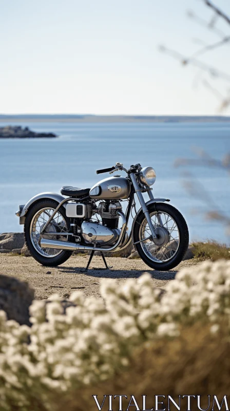 AI ART Timeless Nostalgia: Silver Motorcycle Parked near the Water