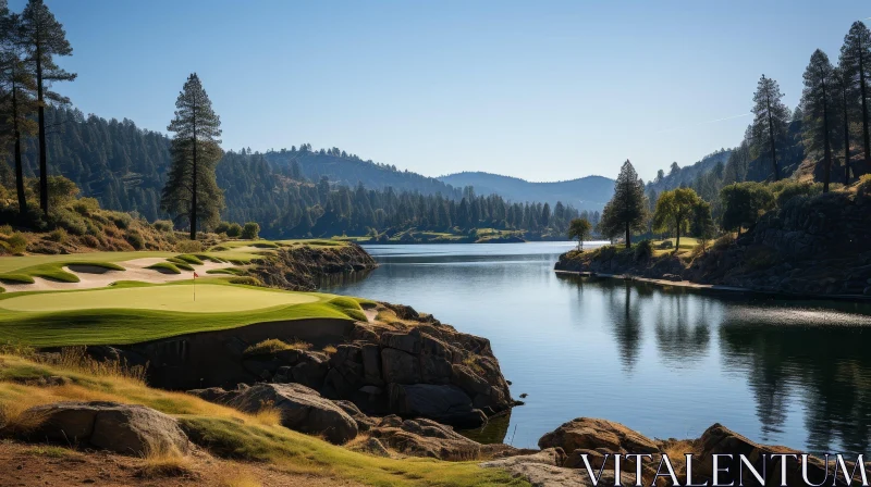 Tranquil Golf Course Landscape with Lake and Mountains AI Image