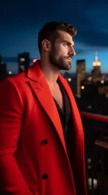 Urban Night Scene: Man in Red Coat Observing Cityscape