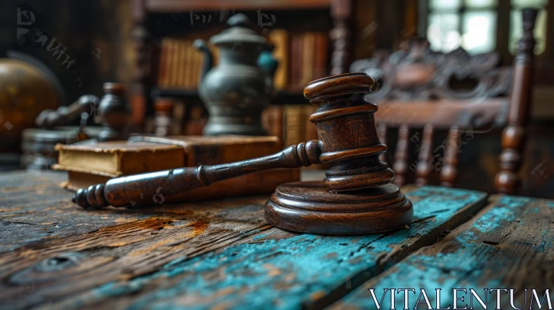 Wooden Judge's Gavel on Rustic Table - Serious and Somber Image AI Image