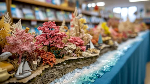 A Captivating Diorama of a Coral Reef on a Serene Blue Tablecloth