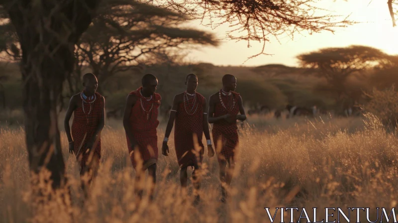 African Men in Traditional Clothing Walking Through a Grass Field AI Image