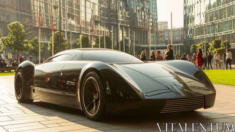 Black Futuristic Sports Car Parked in City Street AI Image