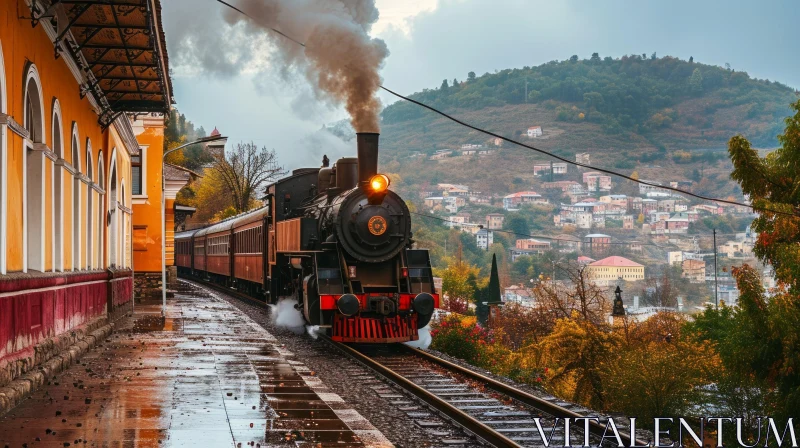 Black Steam Train Passing by a Small Station in a Rainy Landscape AI Image