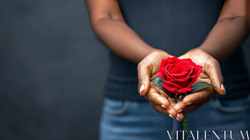 Black Woman Holding Red Rose | Dark Background AI Image