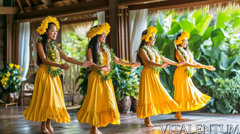 Captivating Hula Dance by Four Young Women in Hawaiian Dresses AI Image