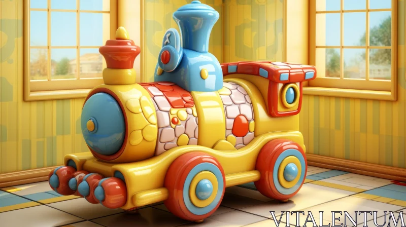 Colorful 3D Toy Train on Tiled Floor AI Image