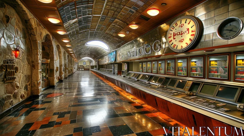 Elegant Marble Hallway with Vintage Clocks and Hanging Light Fixtures AI Image