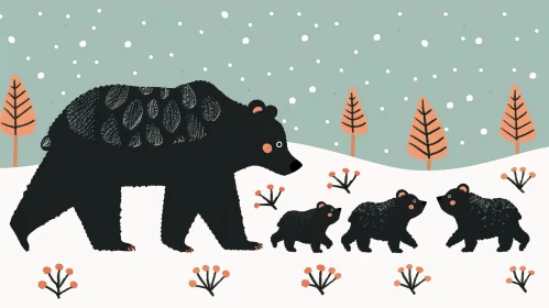 Family of Bears in Snowy Forest Digital Illustration