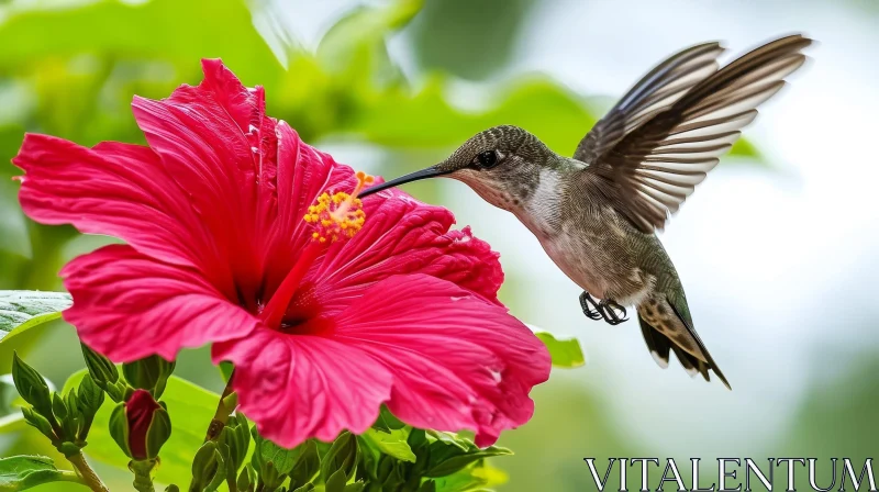 AI ART Green Hummingbird and Red Hibiscus Flower in Nature