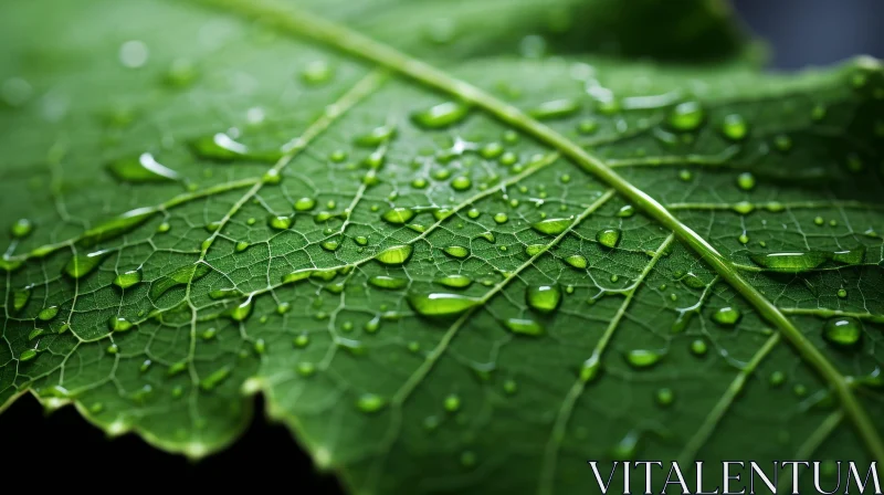 Green Leaf with Water Droplets - Close-Up Nature Photography AI Image