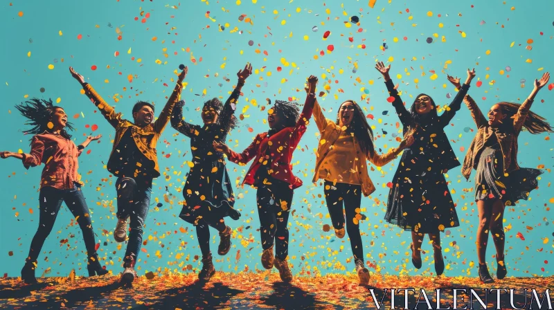 Joyful Group of Young Women Jumping with Colorful Confetti AI Image