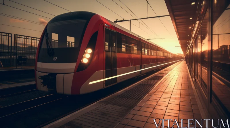 Modern Red and White High-Speed Train at Sunset AI Image