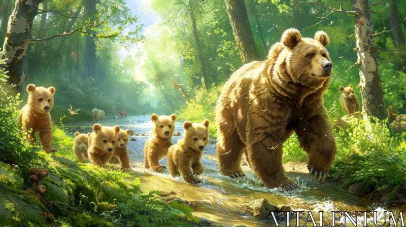 Mother Bear and Cubs in Forest Painting AI Image