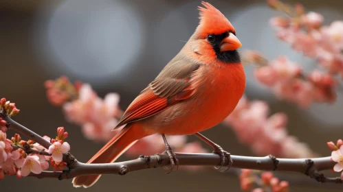 Northern Cardinal Bird on Branch with Pink Flowers