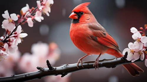 Northern Cardinal on Branch with Blossoms