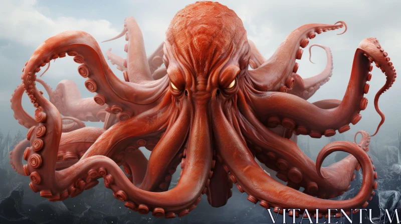 Red Giant Octopus in Stormy Sea - 3D Rendering AI Image