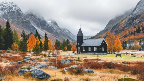 Serene Beauty: A Small Wooden Church Surrounded by Majestic Mountains