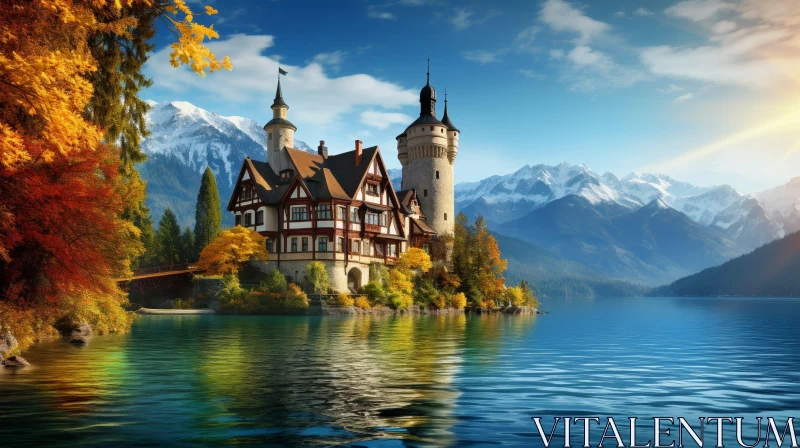 Serene Castle Landscape by Lake and Mountains AI Image