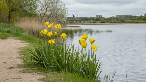 Serene Landscape with Lake, Windmill, and Tulips