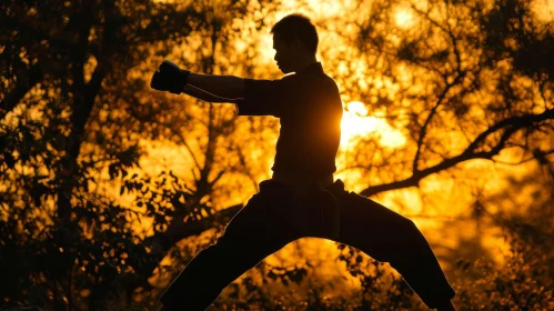 Silhouette of Determined Karate Practitioner at Sunset