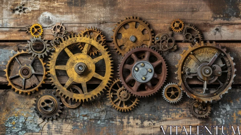 Steampunk Gears on Wooden Background - Abstract Art AI Image