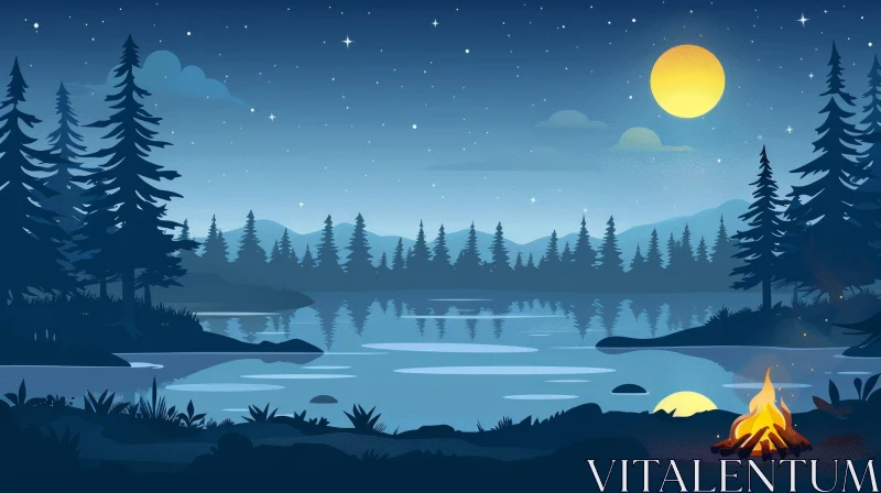 AI ART Tranquil Night Landscape: Lake and Forest Scene