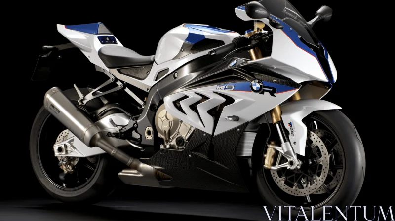 White and Blue BMW Motorcycle on Black Background | Realistic Renderings AI Image