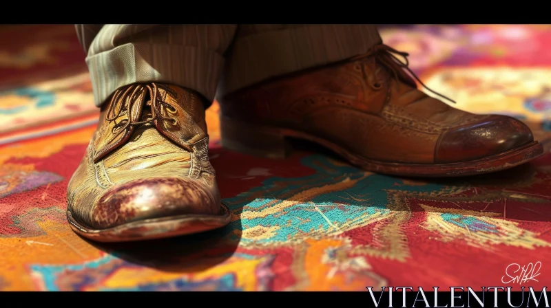 Worn Brown Leather Shoes on Vibrant Floral Carpet AI Image