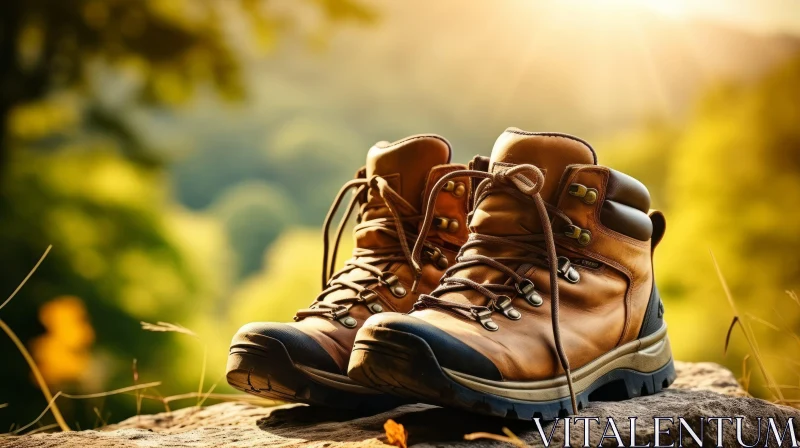 Brown Leather Hiking Boots in Forest Setting AI Image