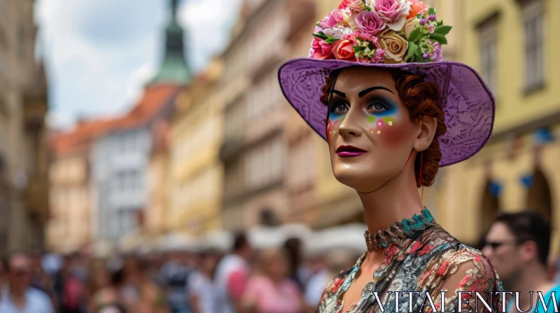 Close-Up of Female Mannequin with Floral Hat and Colorful Makeup AI Image