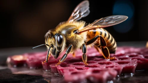 Detailed Honeybee on Brown Honeycomb Close-Up