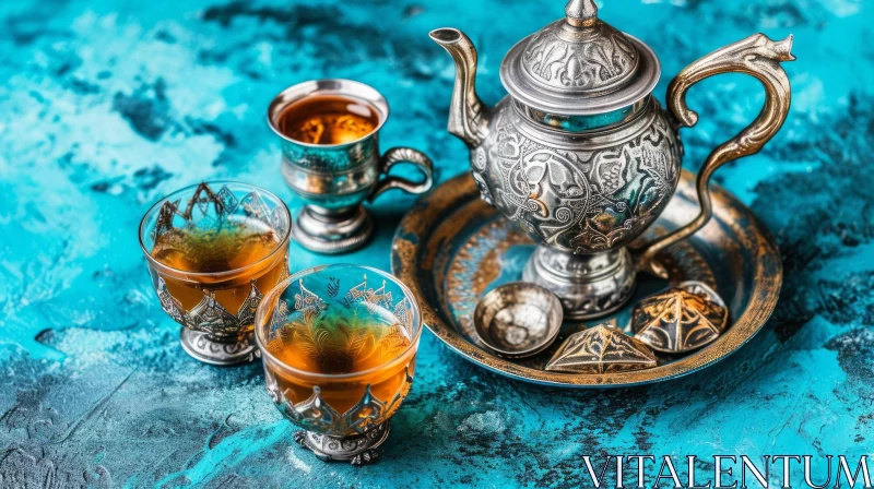 Elegant Silver Teapot and Cups on Blue Textured Background AI Image