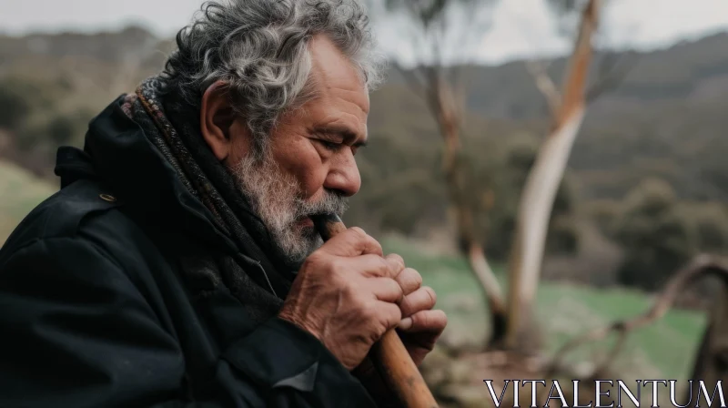 Enchanting Image of an Elderly Man Playing a Didgeridoo in the Australian Outback AI Image