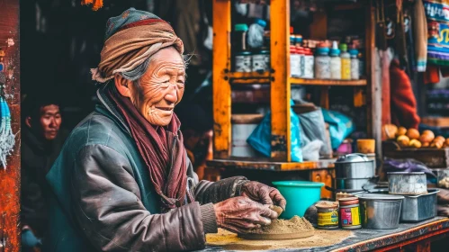 Enchanting Scene of an Elderly Woman at a Vibrant Market