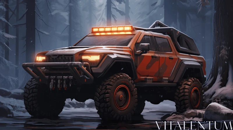Hyper-Realistic Sci-Fi Off-Road Vehicle in Snowy Woods AI Image