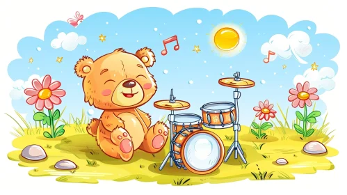 Joyful Cartoon Bear Playing Drums in Nature