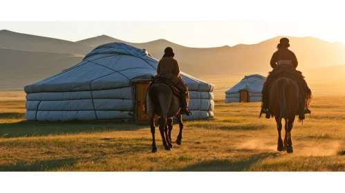 Mongolian Landscape: Horseback Riders Approaching Traditional Yurt