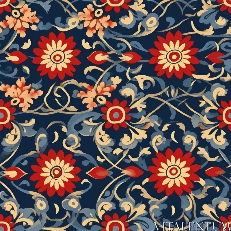 Red and Yellow Floral Pattern on Dark Blue Background AI Image