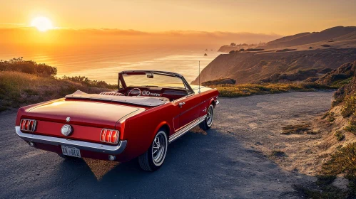 Red Ford Mustang Convertible on Cliffside at Sunset