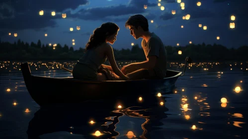 Romantic Night Painting: Couple in Boat on Calm Lake