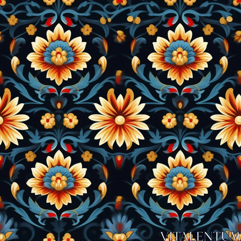 Symmetrical Floral Pattern in Dark Blue, Light Blue, Orange, Yellow AI Image