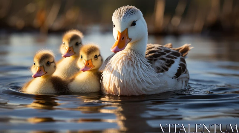 Tranquil Duck and Ducklings Swimming in Lake AI Image
