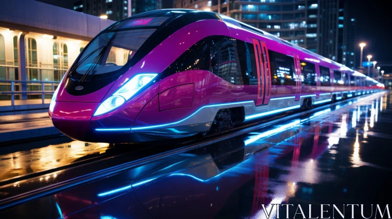 Urban Night Scene: Modern Pink and Purple Train with Neon Lights AI Image