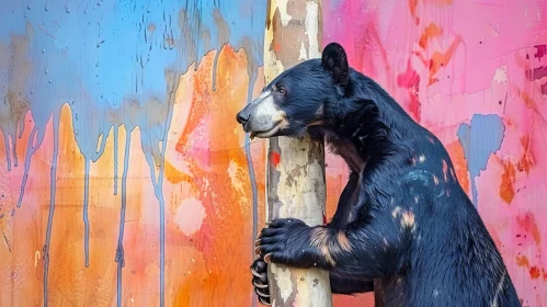 Black Bear Standing in Front of Colorful Wall